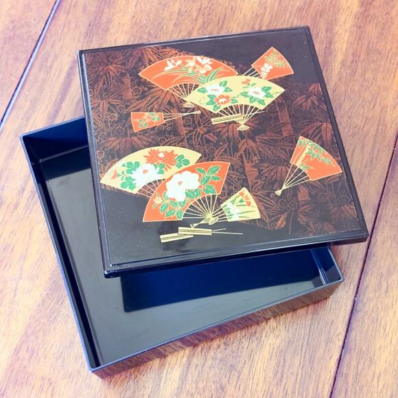 Vintage Otagiri Original Lacquerware Box Faux Lacquer Black with Fans Flowers - Picture 13 of 13